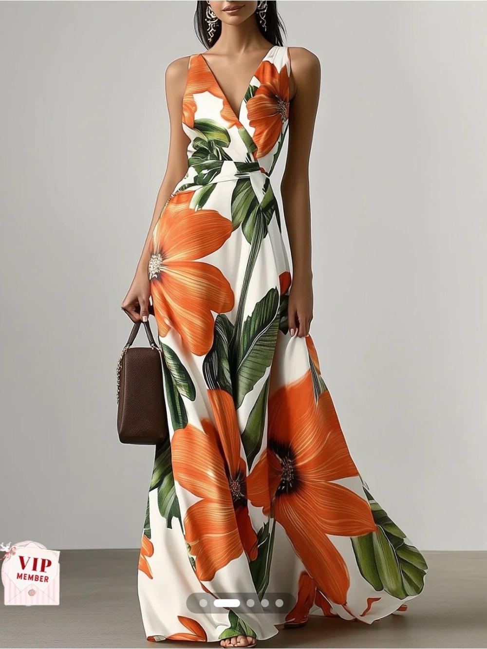 Sleeveless Orange Floral Wrap Maxi Dress by